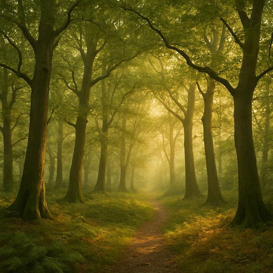 Artistic render of Ancient Woodlands candle by Ancient Isle, surrounded by moss, ferns, and ancient oak to evoke deep Irish forests - handmade Irish scented candle in soy coconut wax.