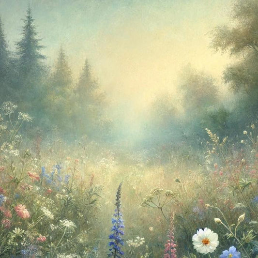 Enchanted Wildflower Meadows candle by Ancient Isle surrounded by wildflowers, butterflies, and soft sunlight - non-toxic Irish candle inspired by Celtic folklore and spring meadows.