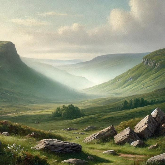 Gaelic Highlands candle by Ancient Isle with heather, misty hills, and ancient stone ruins - handcrafted soy wax candle capturing the essence of Ireland’s sacred high places.