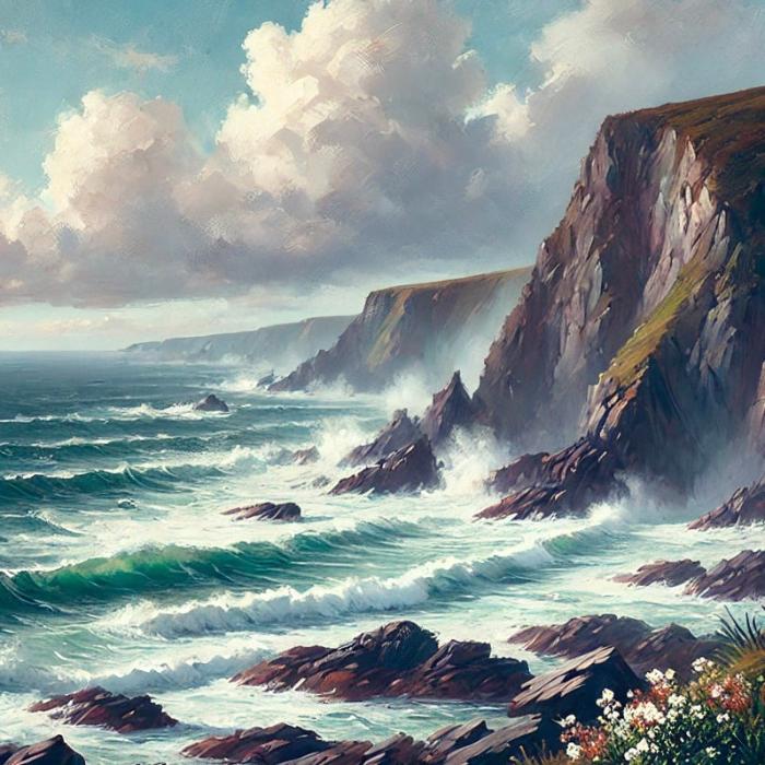 Wild Atlantic Cliffs candle by Ancient Isle in a stormy coastal setting with sea spray, rugged stone, and Atlantic waves - luxury Irish candle inspired by Ireland's wild west coast.